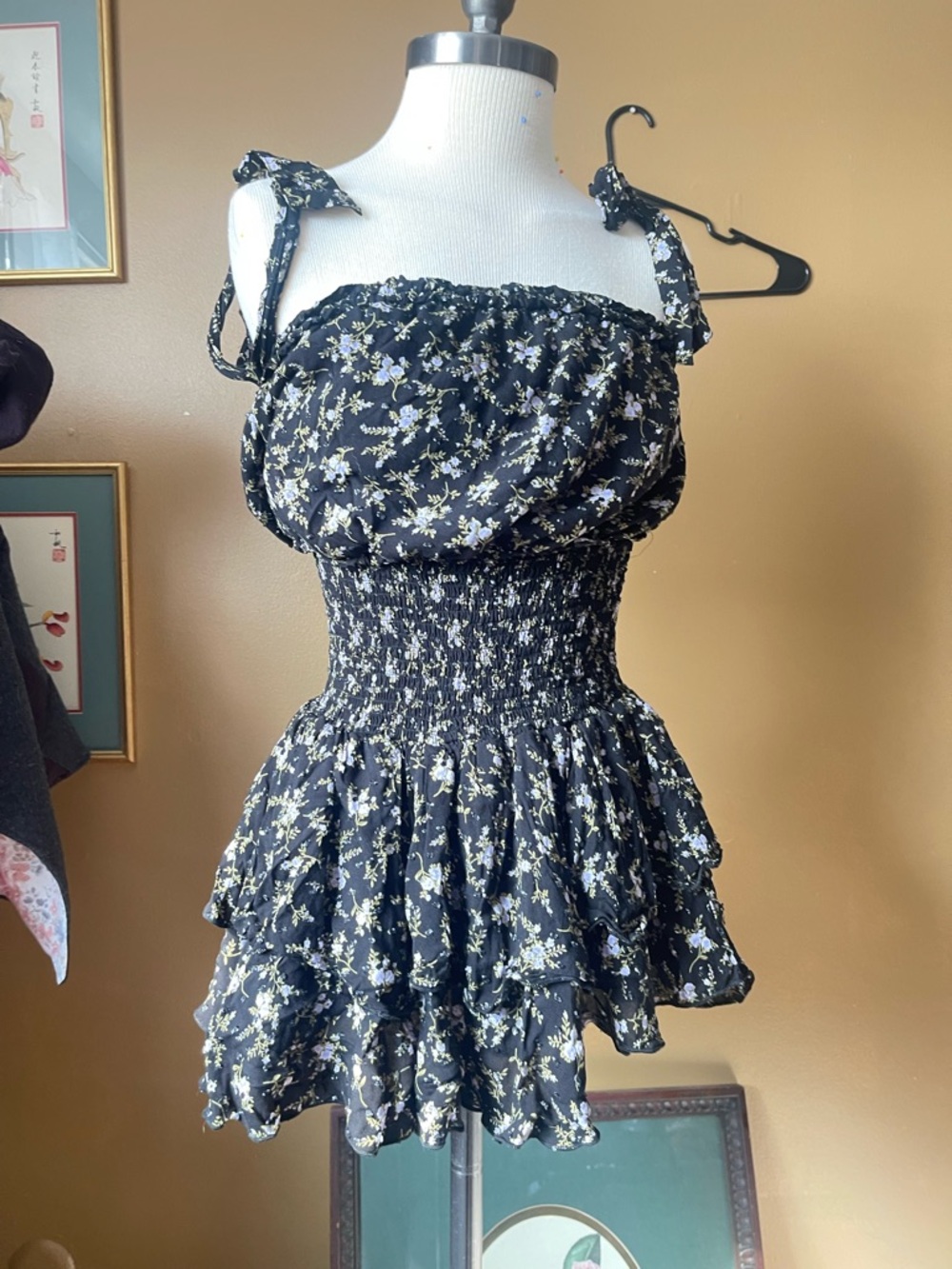 Black Floral Smocked Romper with Tie Straps